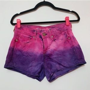 American Eagle Tie Dye Denim Shorts Pink Purple Mid Rise Womens 0 Festival